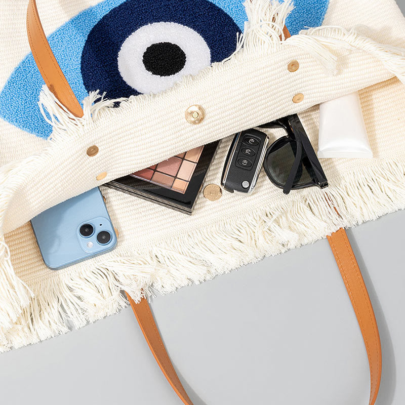 Large Capacity Canvas Evil Eye Tote Bag for Protection