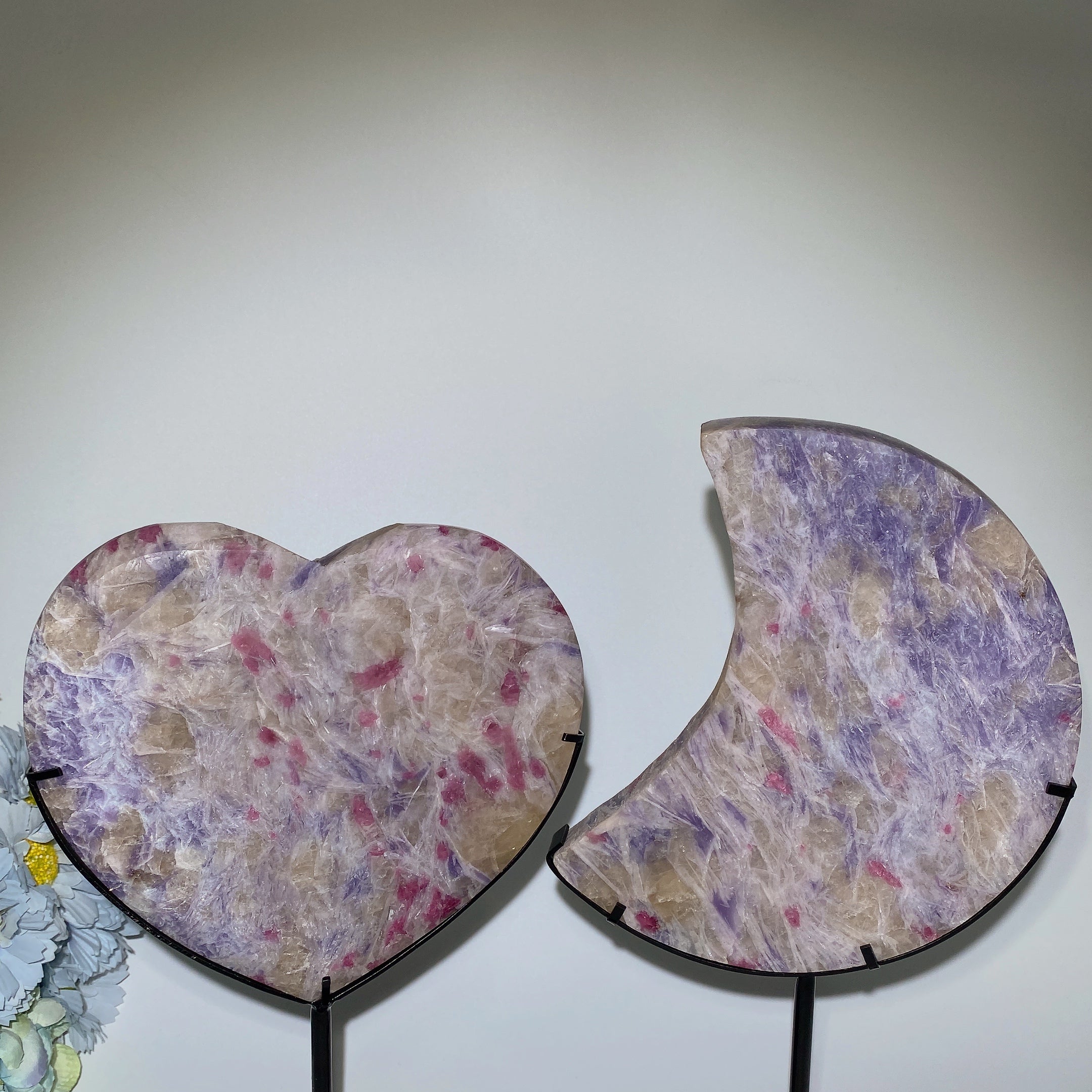 Large Crystal Heart & Moon Stone Carvings with Stand