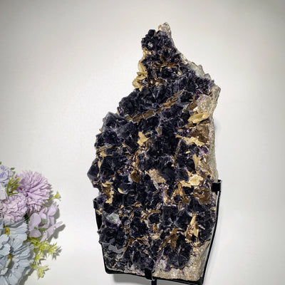 Large Dark Purple Fluorite Raw Crystal with Calcite and Pyrite