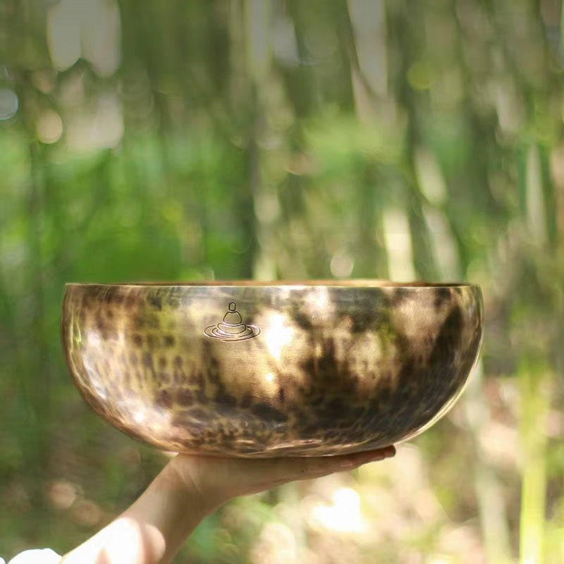 Large Handmade Tibetan Singing Bowl gleaming against a blurred background