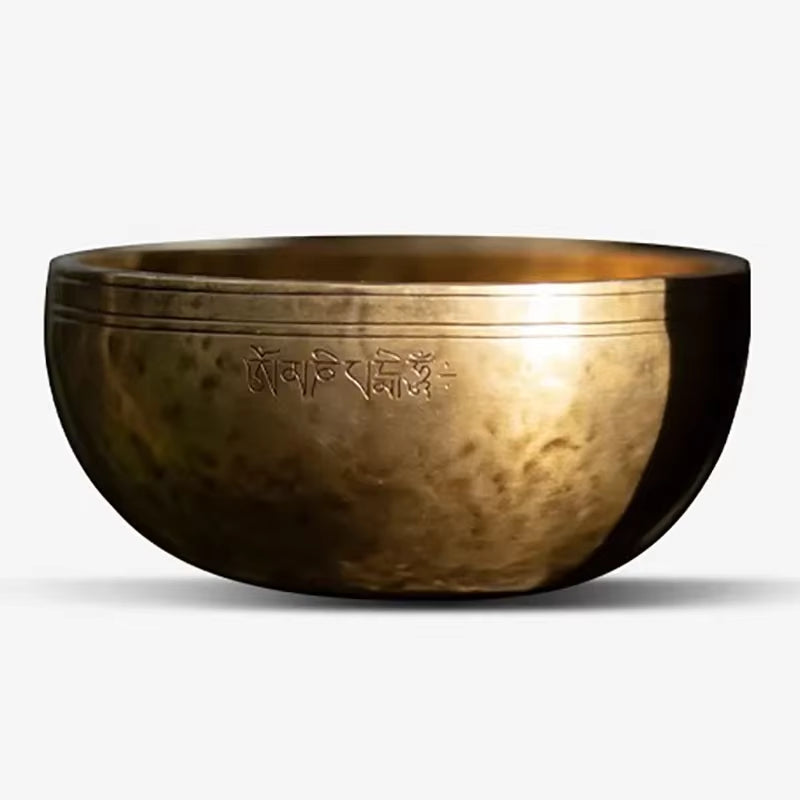 Large Tibetan Singing Bowl for Meditation Healing with etched Sanskrit writing in brass