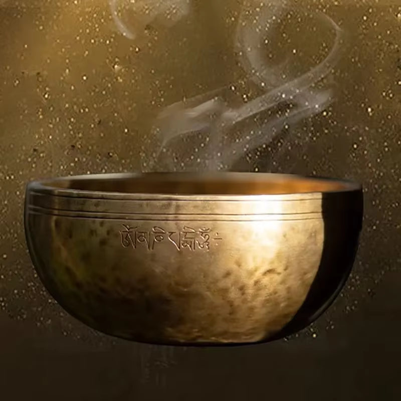 Large Tibetan Singing Bowl for Meditation Healing with steam rising from it