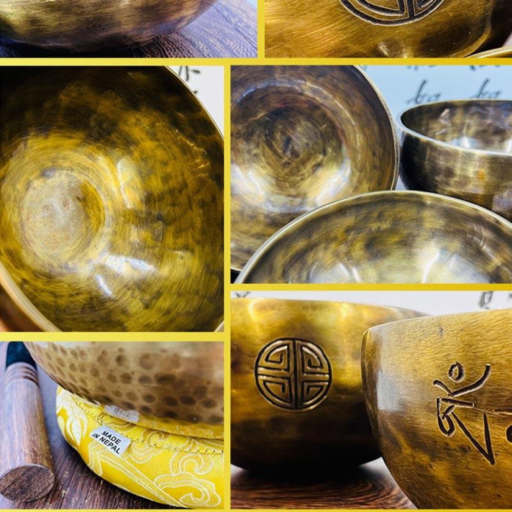 Large Tibetan Singing Bowl with etched symbols and golden-bronze finish