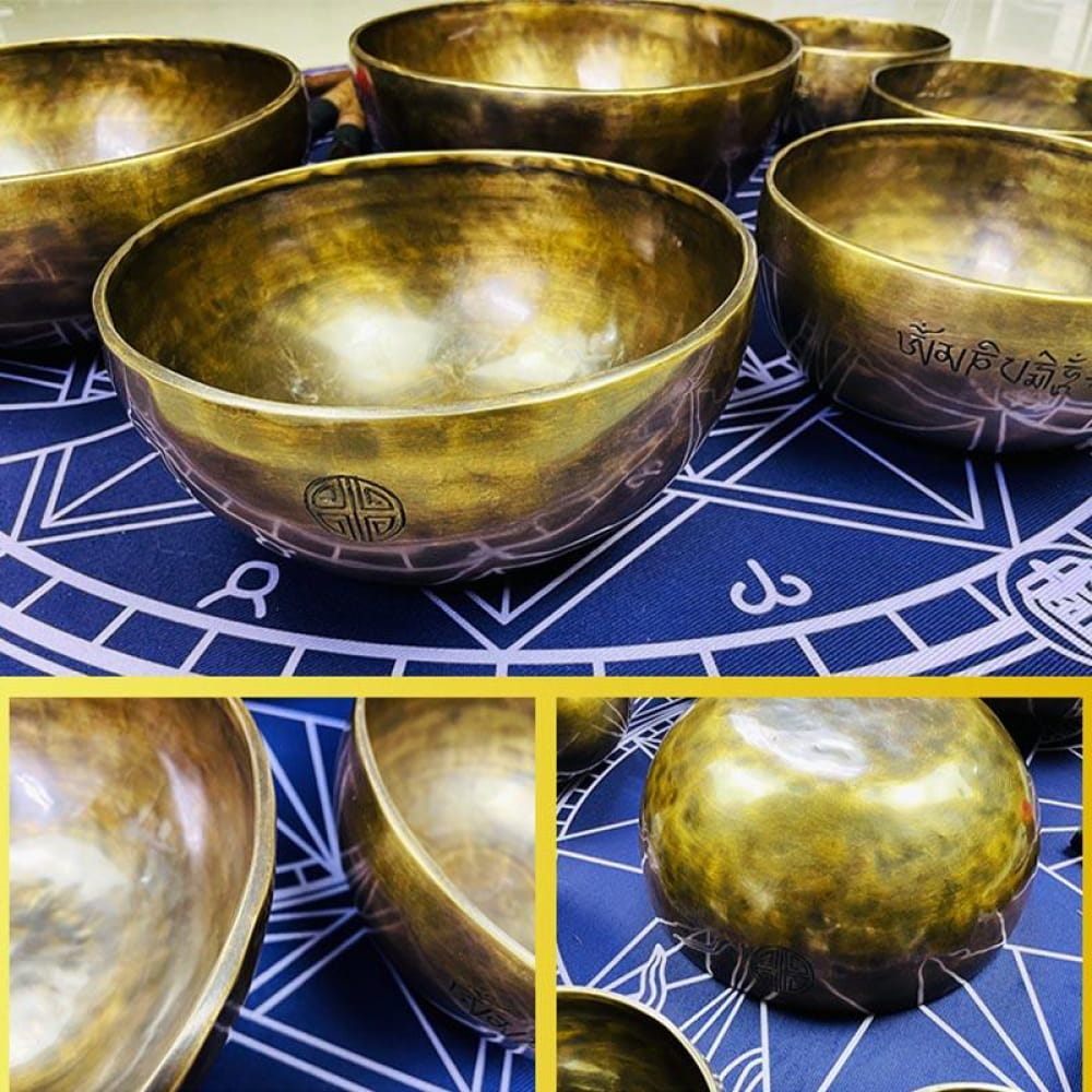 Brass Tibetan singing bowls with etched designs in a Large Tibetan Singing Bowl product