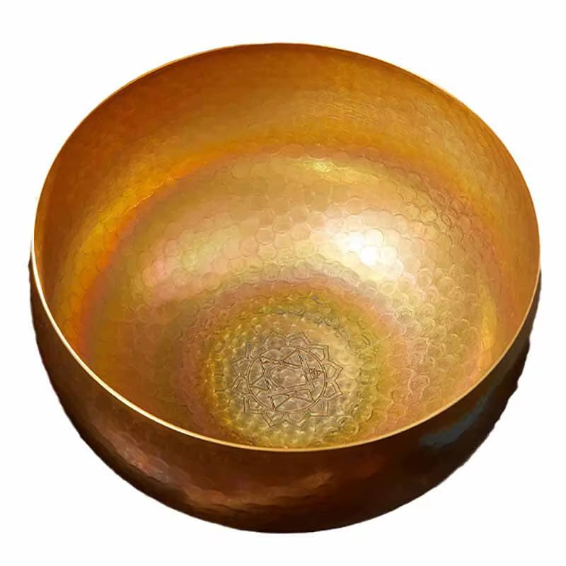 Large Tibetan Sound Bowl with hammered interior and radiant golden metallic finish