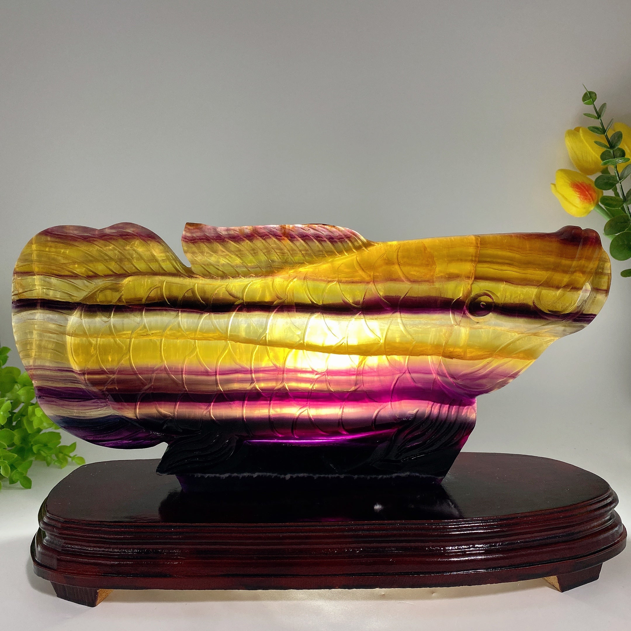 Large Yellow Fluorite Arowana Carving Crystal Animal