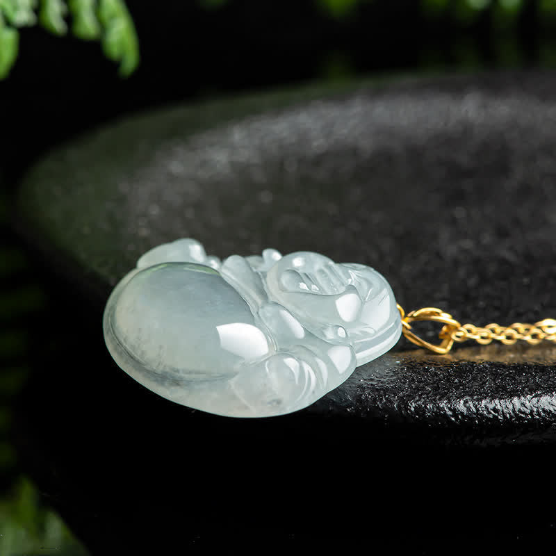 Laughing Buddha Jade Necklace Pendant 18K Gold for Abundance