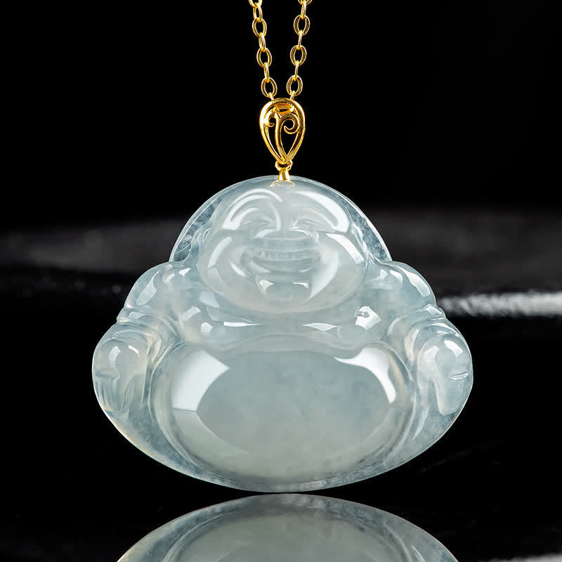 Laughing Buddha Jade Necklace Pendant 18K Gold for Abundance