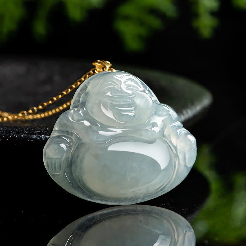 Laughing Buddha Jade Necklace Pendant 18K Gold for Abundance