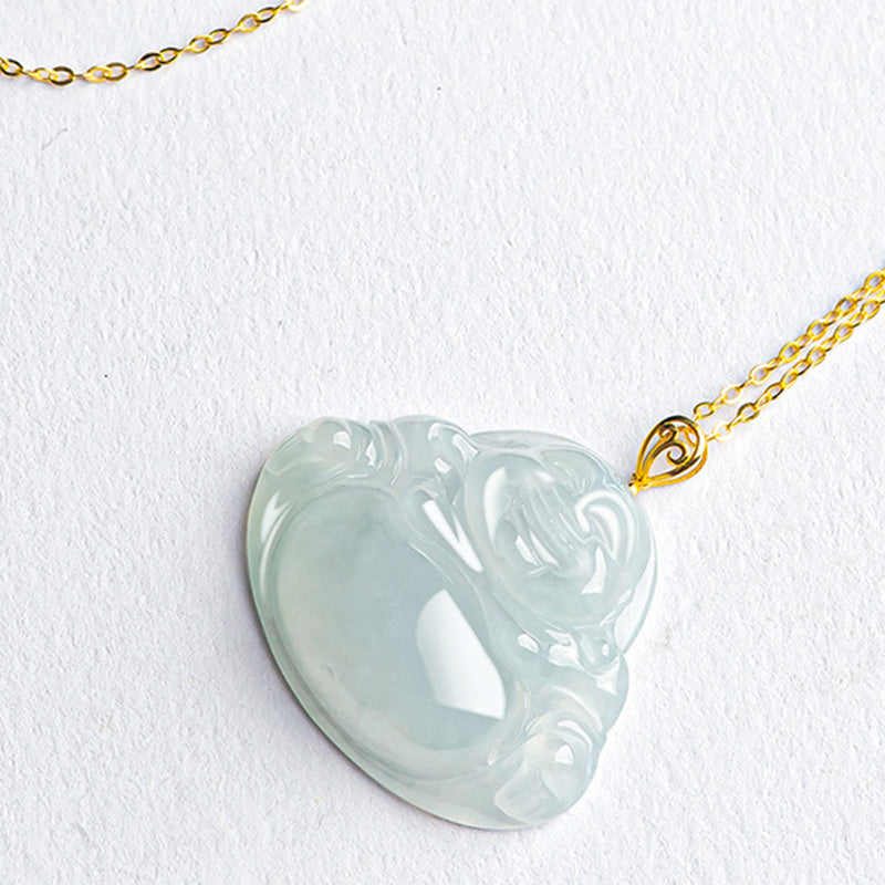 Laughing Buddha Jade Necklace Pendant 18K Gold for Abundance