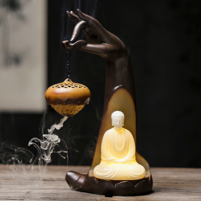 LED Buddha Hand Backflow Smoke Fountain Ceramic Incense Burner
