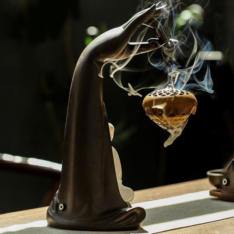 LED Buddha Hand Backflow Smoke Fountain Ceramic Incense Burner