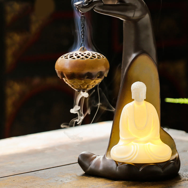 LED Buddha Hand Backflow Smoke Fountain Ceramic Incense Burner