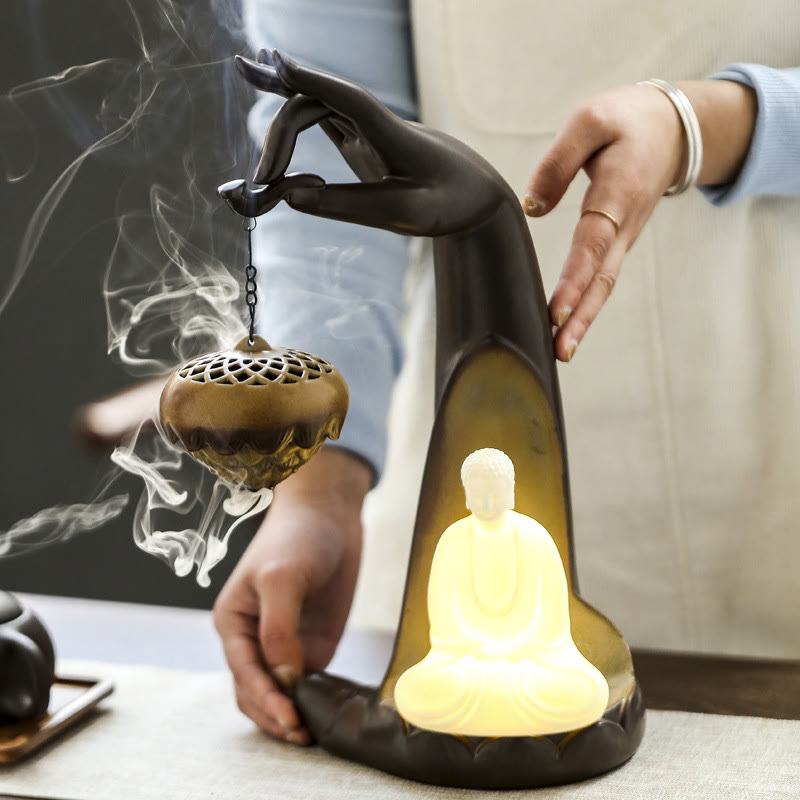 LED Buddha Hand Backflow Smoke Fountain Ceramic Incense Burner