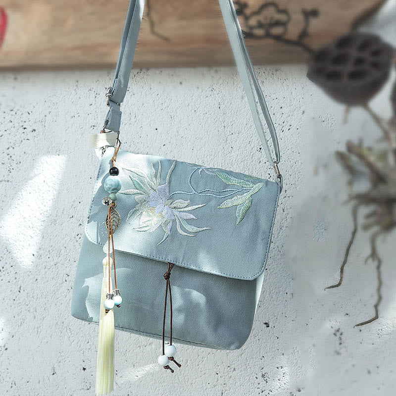 LightBlue Epiphyllum Cotton Linen Shoulder Bag