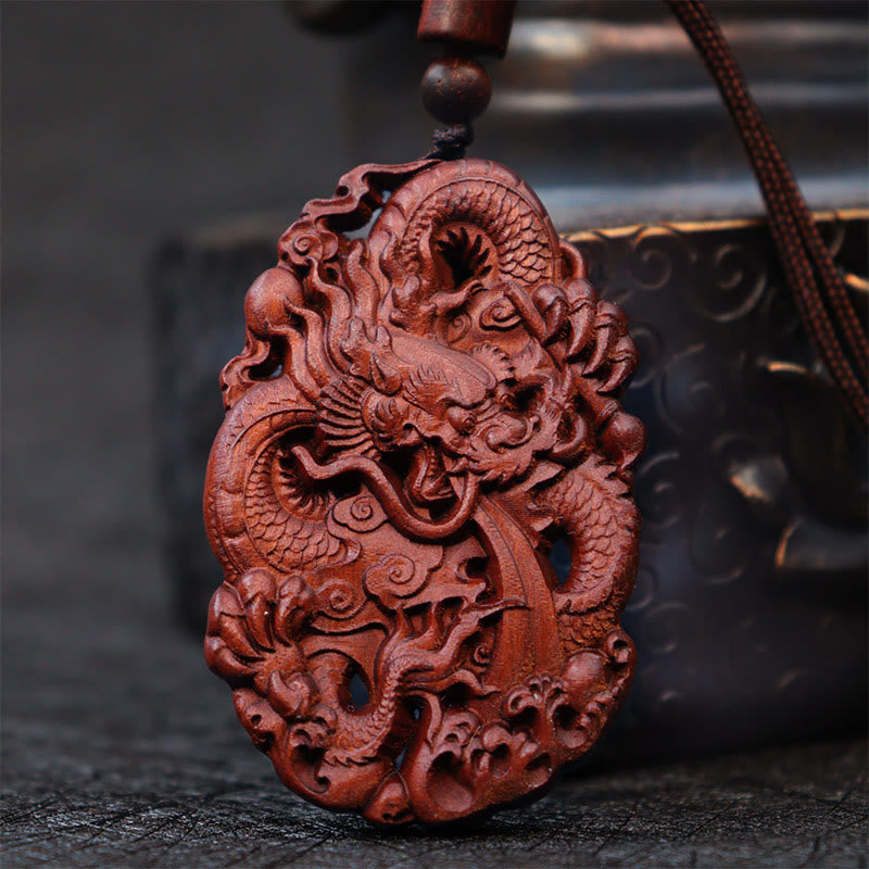 Lightning Struck Jujube Wood Double Dragon Protection Pendant