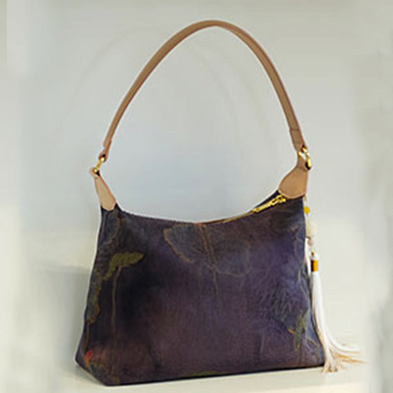 Lotus Bamboo Crane Deer Silk Crossbody Bag 26cm