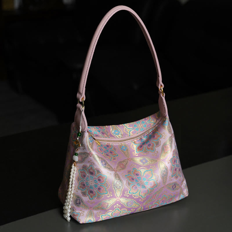 Lotus Bamboo Crane Deer Silk Crossbody Bag 26cm