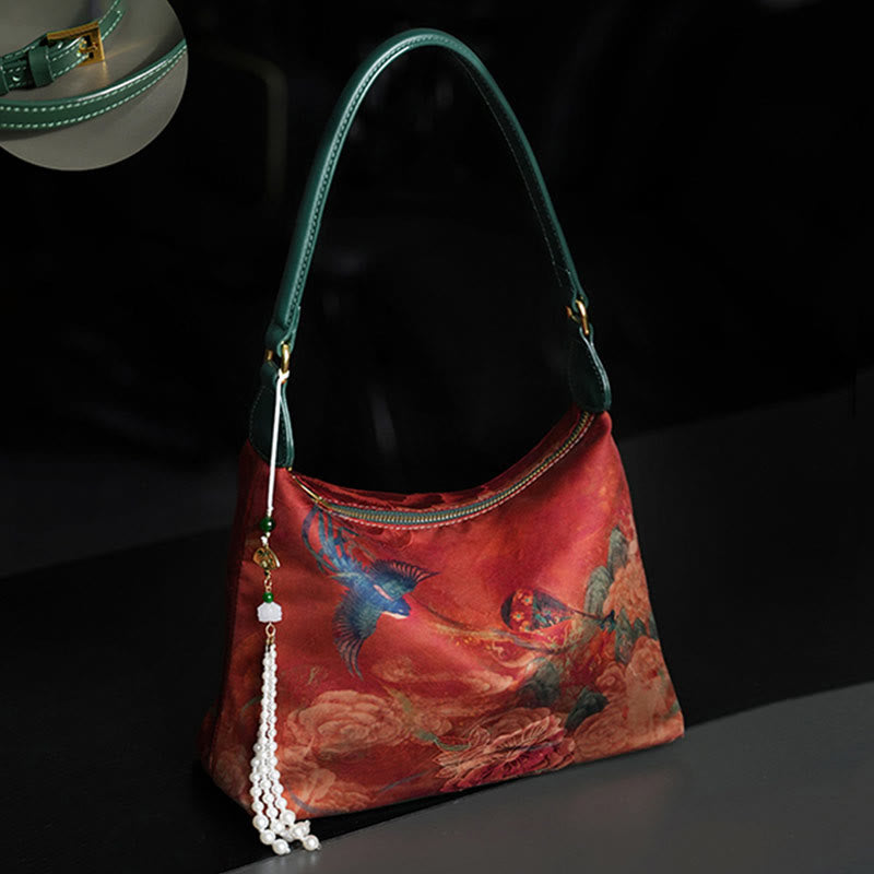 Lotus Bamboo Crane Deer Silk Crossbody Bag 26cm
