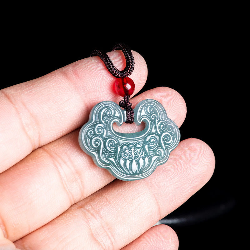 Lotus Carved Jade Ruyi Necklace for Abundance & Prosperity