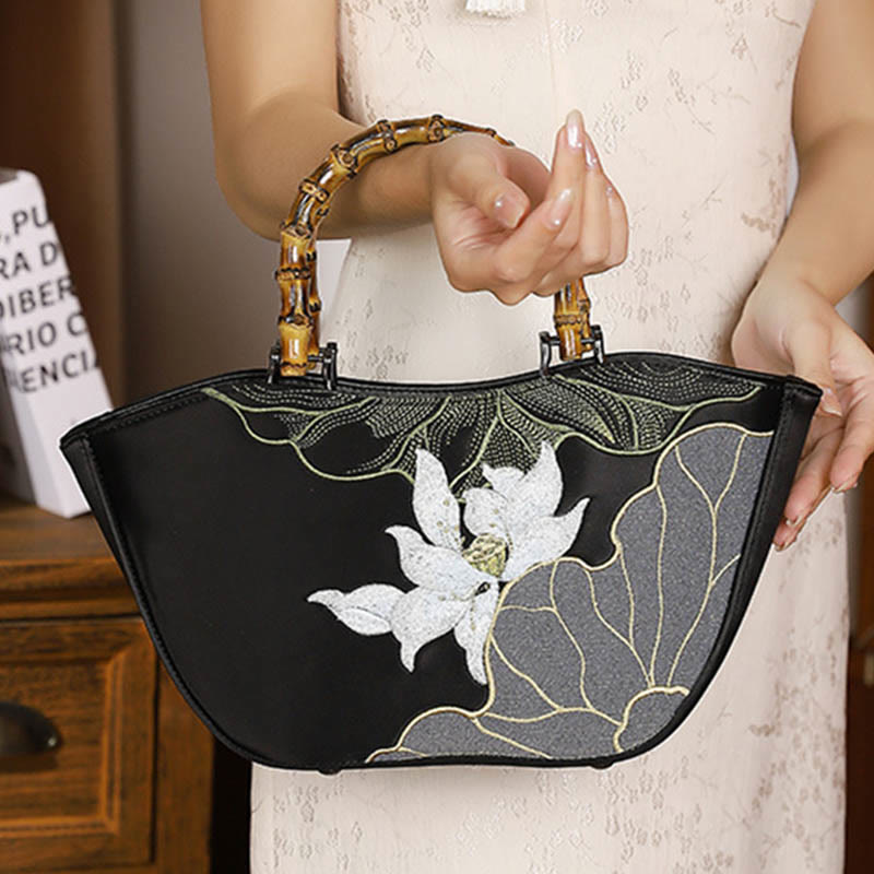 Lotus Embroidery Handbag with Bamboo Handle 17cm by 15cm