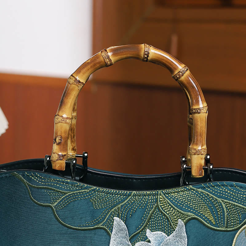 Lotus Embroidery Handbag with Bamboo Handle 17cm by 15cm