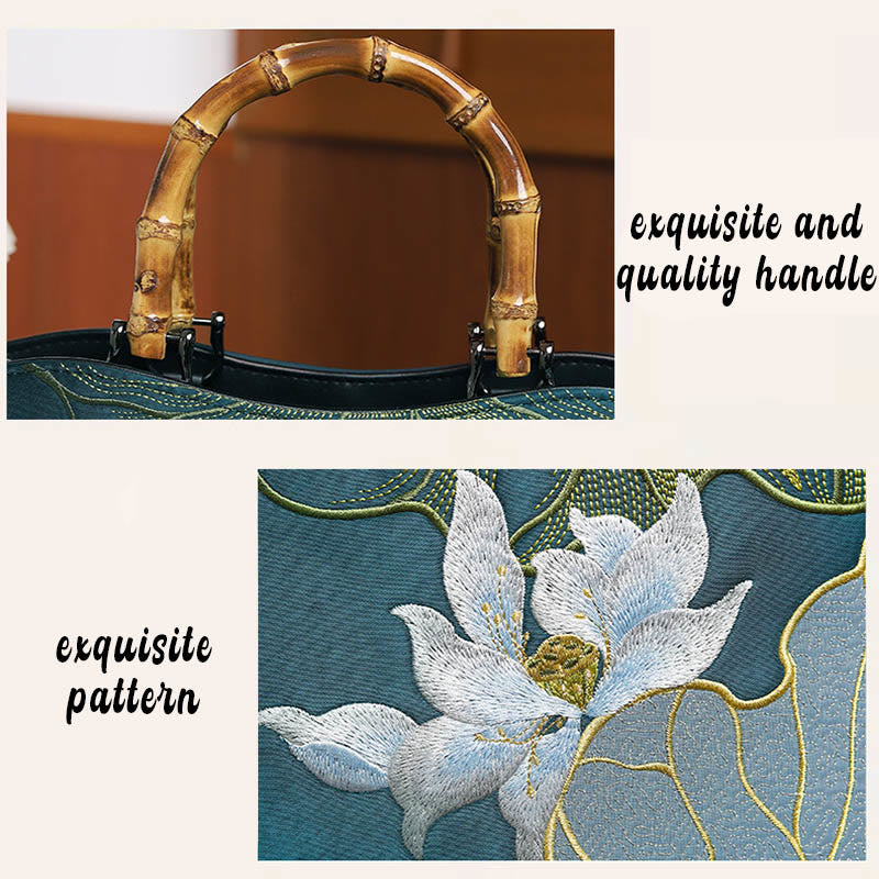 Lotus Embroidery Handbag with Bamboo Handle 17cm by 15cm