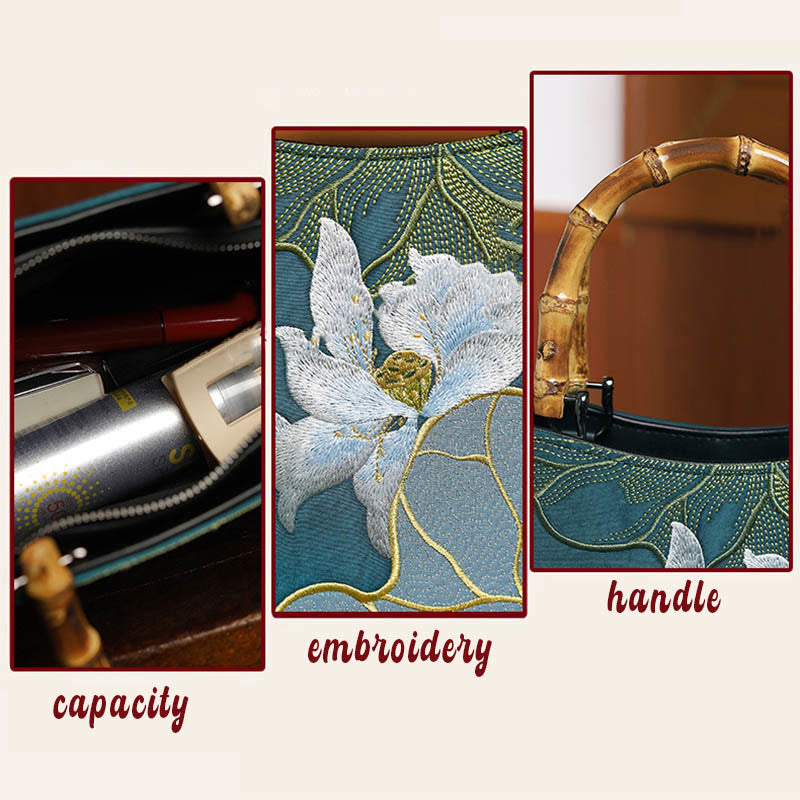 Lotus Embroidery Handbag with Bamboo Handle 17cm by 15cm