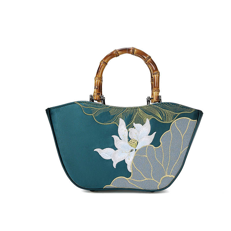 Lotus Embroidery Handbag with Bamboo Handle 17cm by 15cm