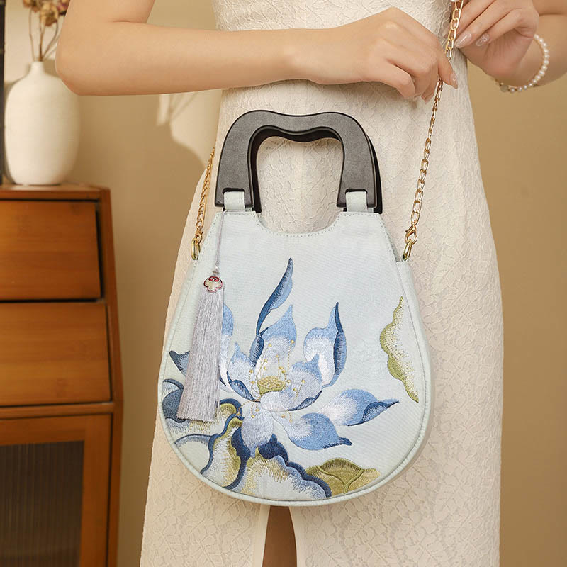 Lotus Embroidery Handbag | Spiritual Crossbody Bag 23cm