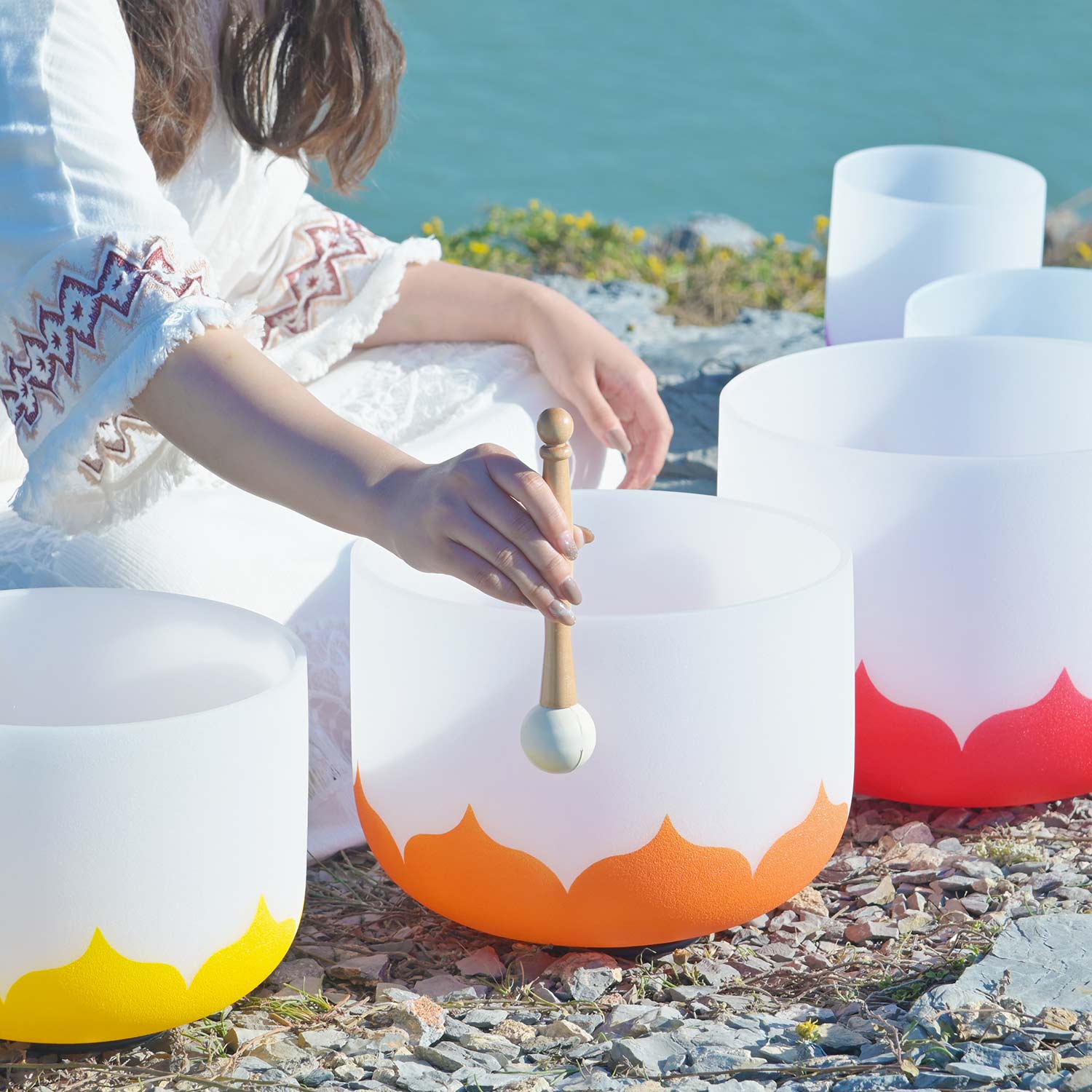 Colorful painted-base Crystal Singing Bowls in Lotus Frosted Quartz set for Chakra Healing