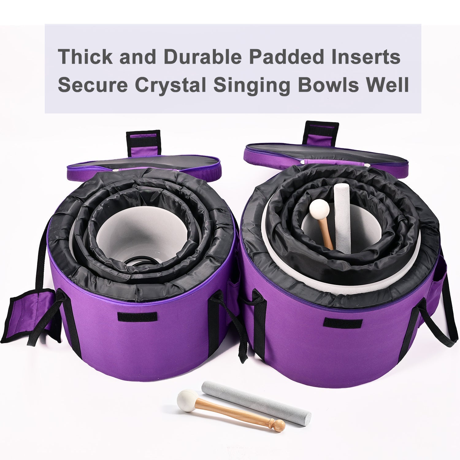 Purple carrying cases with padded inserts for Lotus Frosted Quartz Crystal Singing Bowls