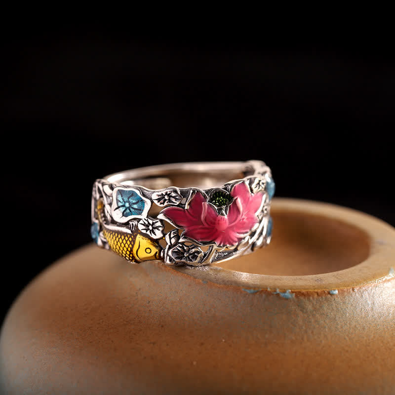 Lotus Koi Fish Ring in 925 Sterling Silver for Enlightenment