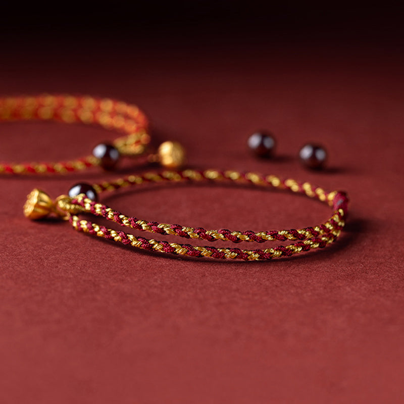 Lotus Peace Charm Red Gold Rope Bracelet 14-16cm