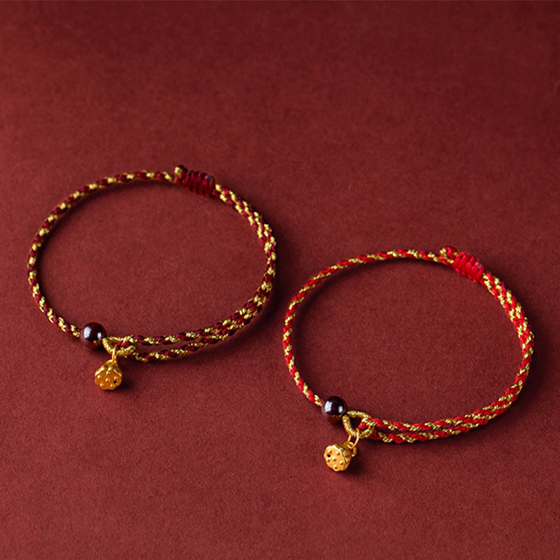 Lotus Peace Charm Red Gold Rope Bracelet 14-16cm