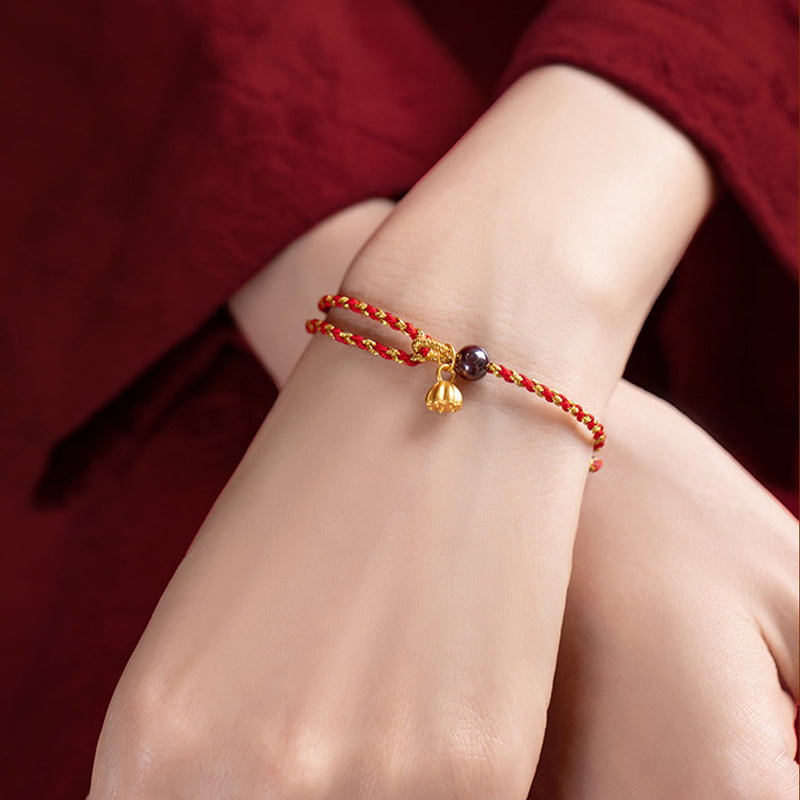 Lotus Peace Charm Red Gold Rope Bracelet 14-16cm