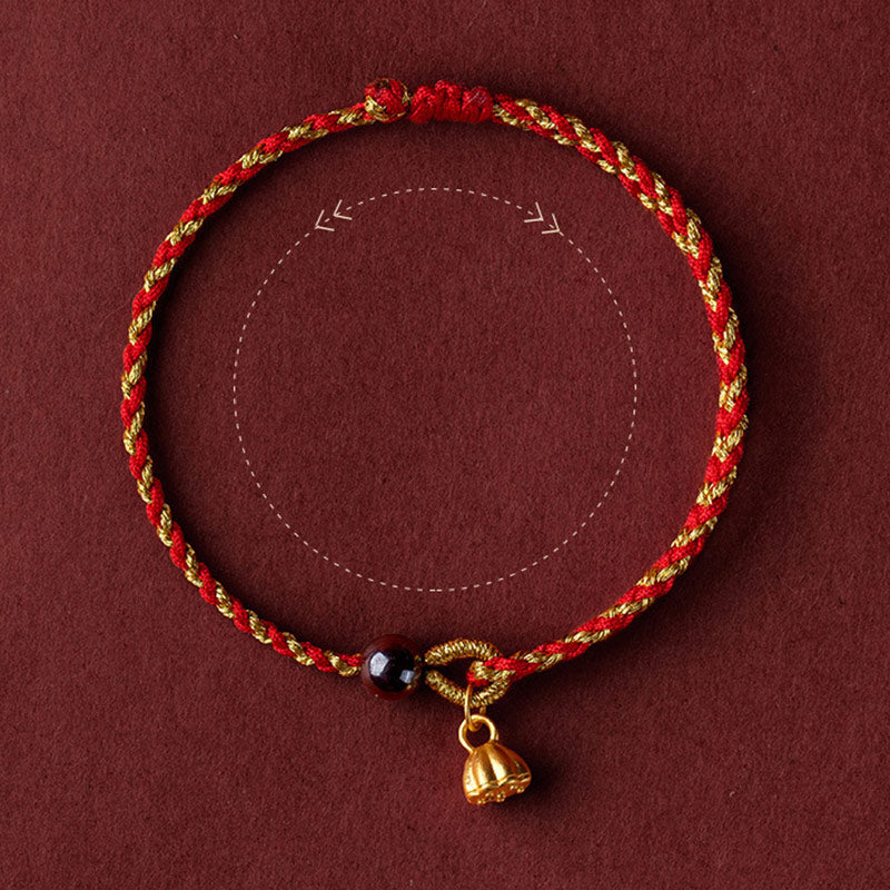 Lotus Peace Charm Red Gold Rope Bracelet 14-16cm