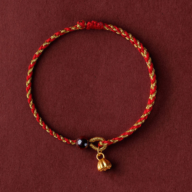 Lotus Peace Charm Red Gold Rope Bracelet 14-16cm