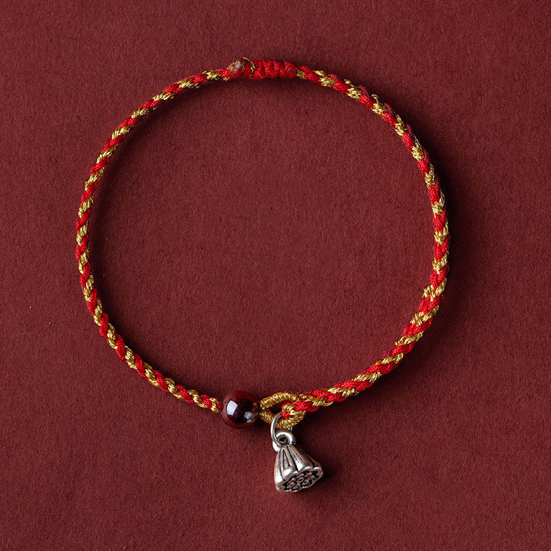 Lotus Peace Charm Red Gold Rope Bracelet 14-16cm
