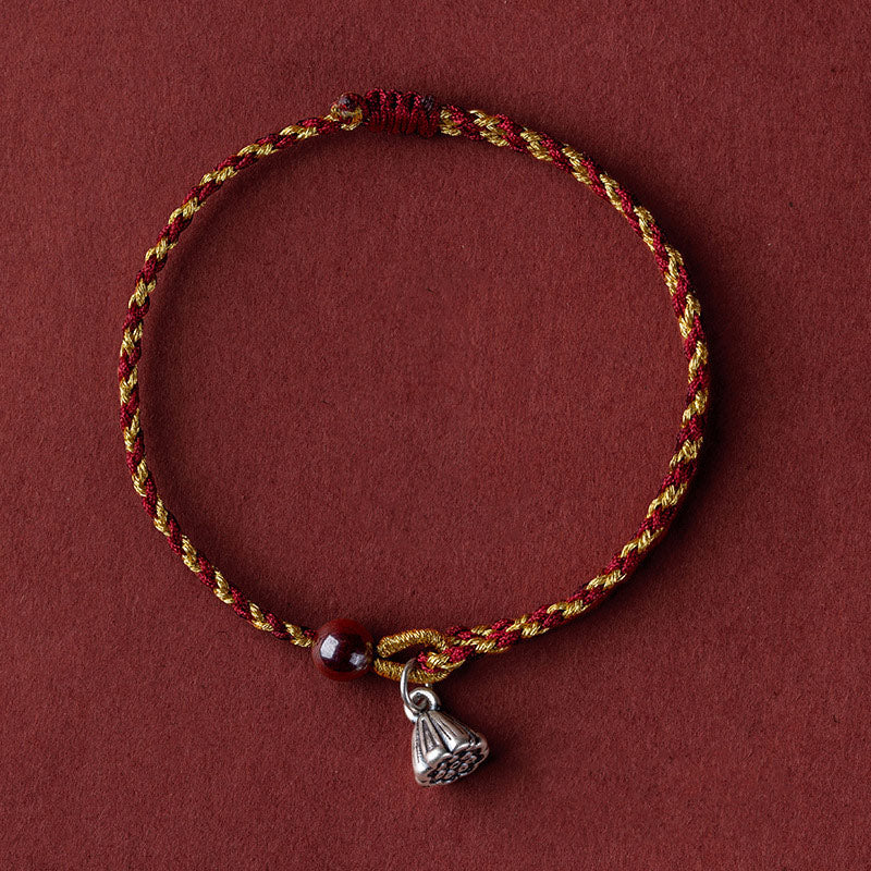 Lotus Peace Charm Red Gold Rope Bracelet 14-16cm