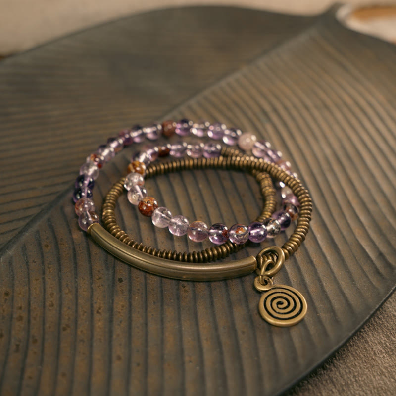 Love and Forgiveness Bracelet with Purple Phantom, Red Hematoid & Green Rutilated Quartz