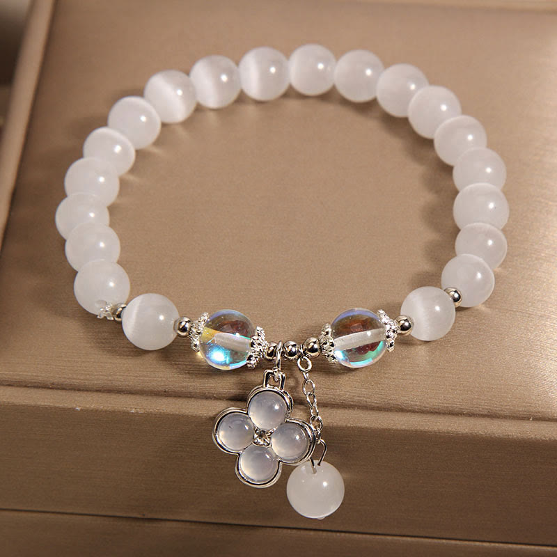 Lucky Cat's Eye Crystal Bracelet with Four Leaf Clover Charm