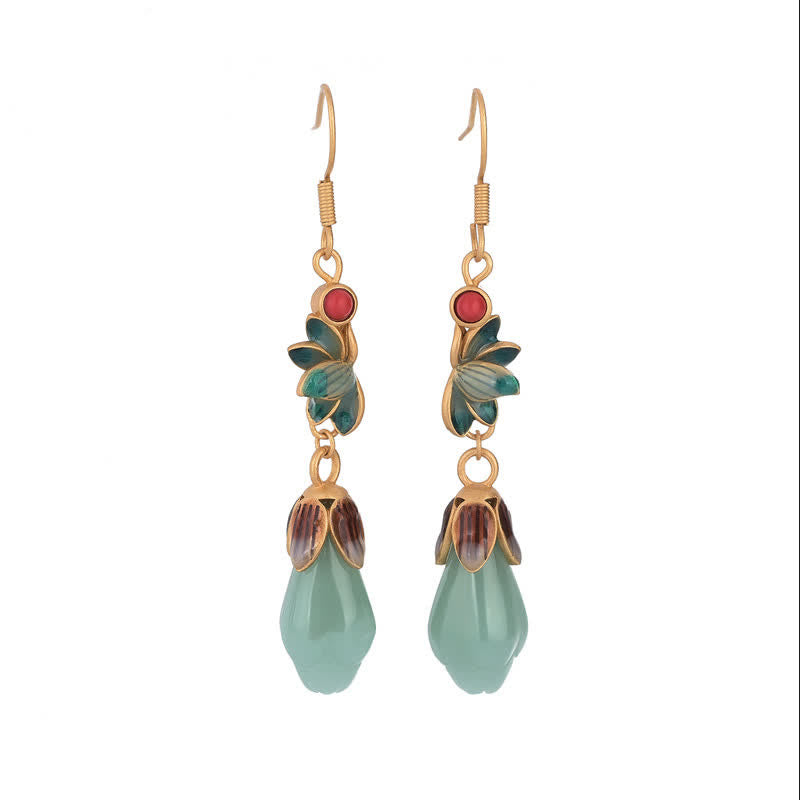 Magnolia Flower Jade Prosperity Drop Dangle Earrings