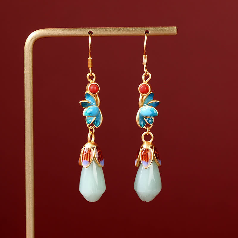 Magnolia Flower Jade Prosperity Drop Dangle Earrings