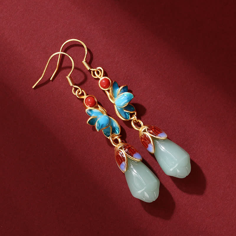 Magnolia Flower Jade Prosperity Drop Dangle Earrings