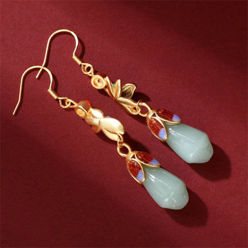 Magnolia Flower Jade Prosperity Drop Dangle Earrings