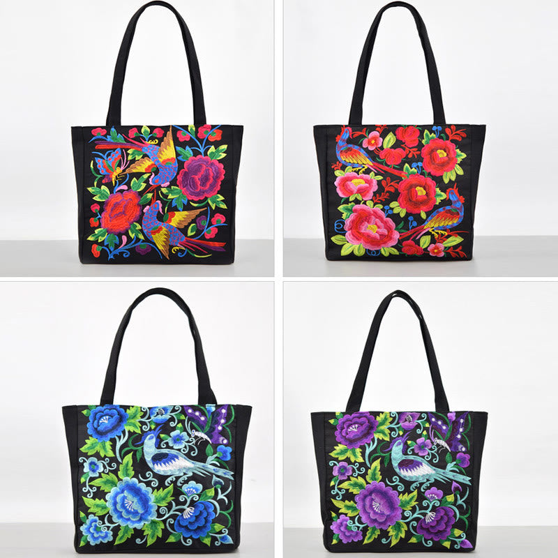 Magpie Embroidery Canvas Bag with Peony & Chrysanthemum Flowers
