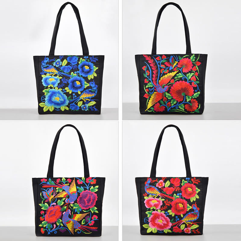 Magpie Embroidery Canvas Bag with Peony & Chrysanthemum Flowers