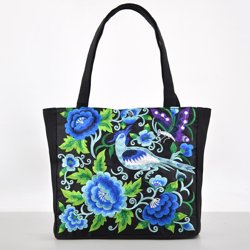 Magpie Embroidery Canvas Bag with Peony & Chrysanthemum Flowers