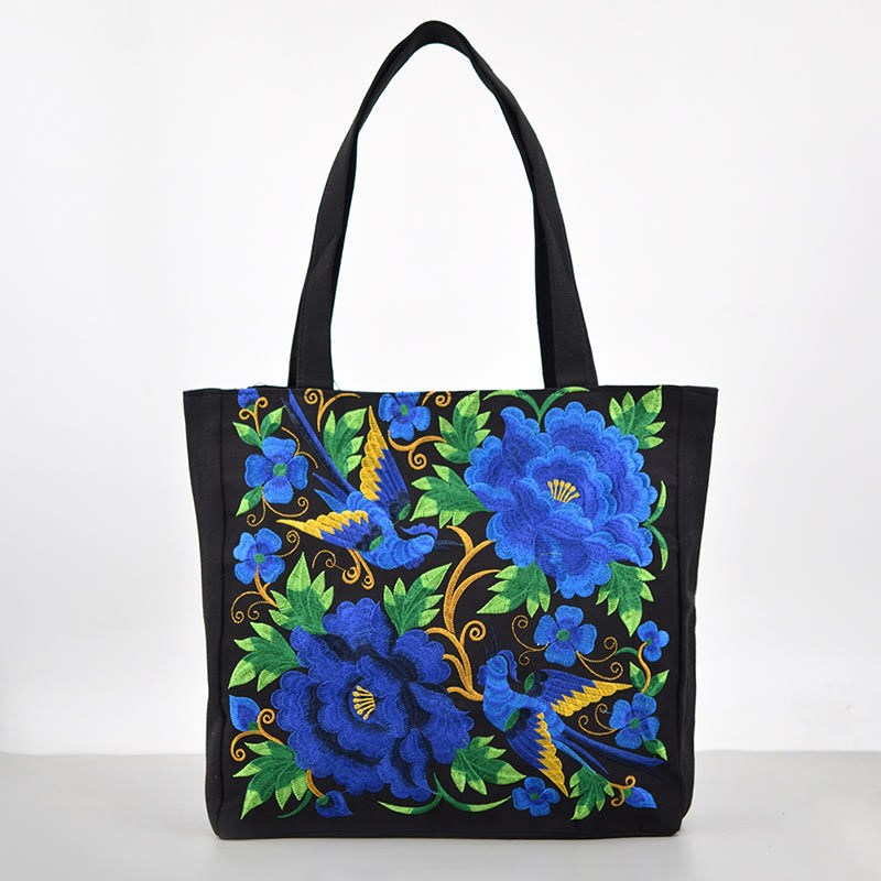Magpie Embroidery Canvas Bag with Peony & Chrysanthemum Flowers